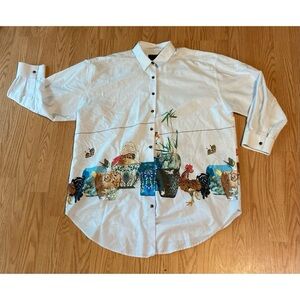 ROI du LAC Roma Button Long Sleeve White & Blue Stripes Animals Shirt Size 3X/40